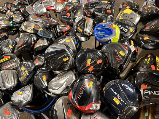 A wide selection of pre-owned golf clubs available for trade-in at our retail storefront in the Fox Valley.