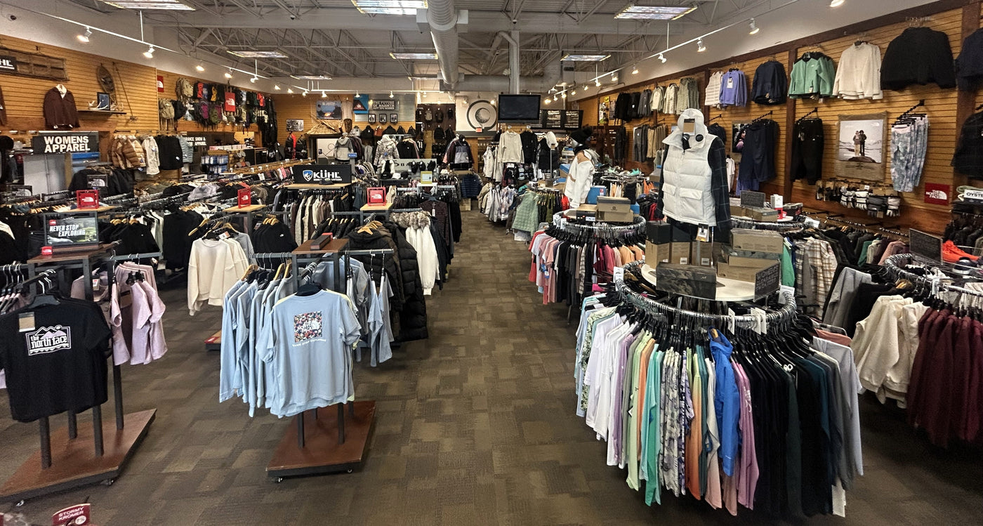 Outdoor and winter apparel at Oshkosh Wisconsin's largest retail store featuring hiking, fishing, and casual clothing.