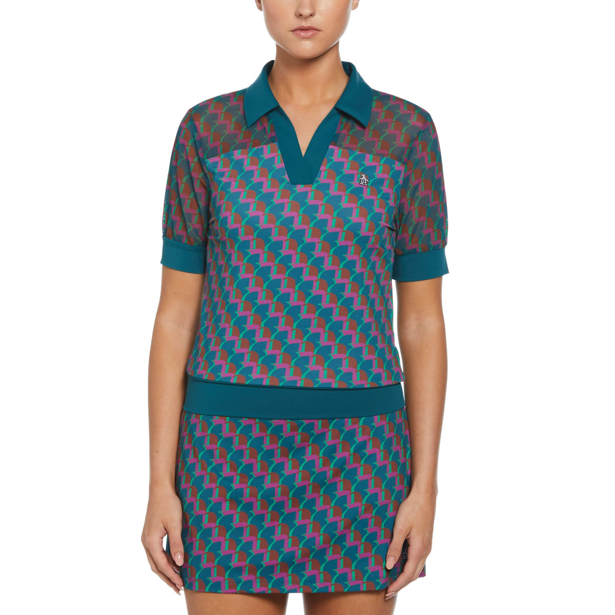 PENGUIN WOMENS 1/2 SLEEVE MESH PRINTED GOLF POLO
