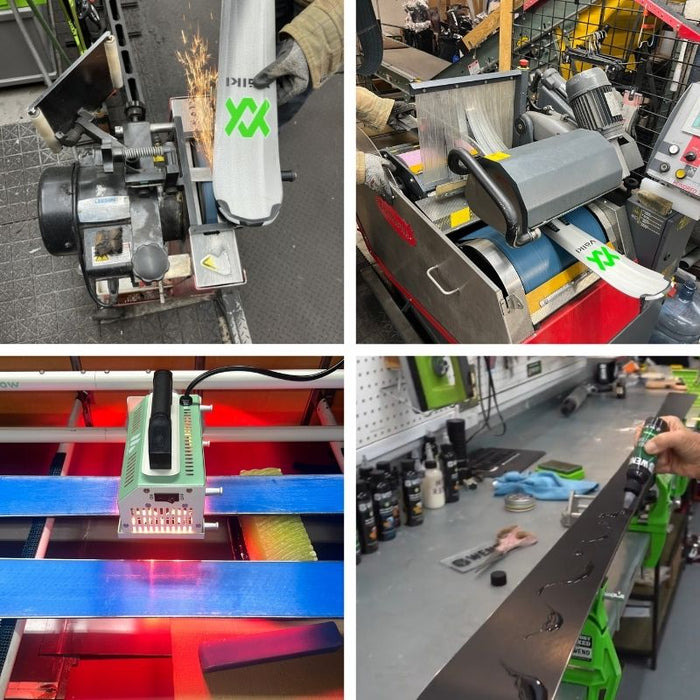 A four-panel collage showing ski tuning services in Oshkosh, Wisconsin, including waxing, edging, and base resurfacing