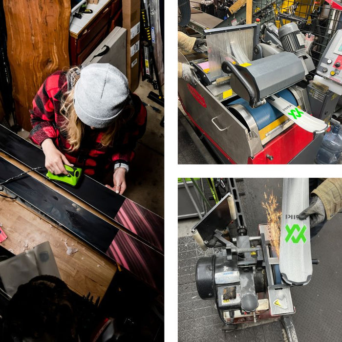 A collage of a Comp Tune package in Oshkosh, featuring waxing, edge sharpening, and base resurfacing in the Fox Valley.