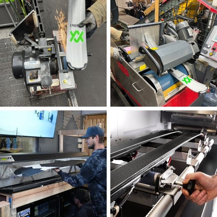 A collage showing a Deluxe Tune package in Oshkosh, including waxing, edging, base resurfacing, and structuring in Wisconsin.