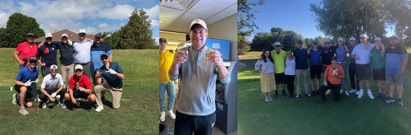 A three-panel collage of Golfer's & Skier's Outlet employees enjoying a company golf outing in Oshkosh, Wisconsin.