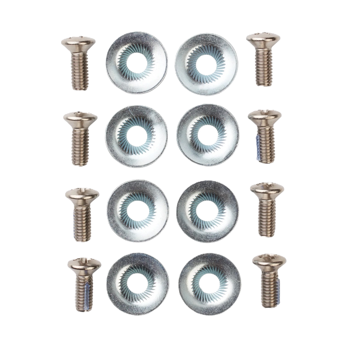 Stainless steel snowboard binding mounting hardware and washers for secure board setup in Northeast Wisconsin.