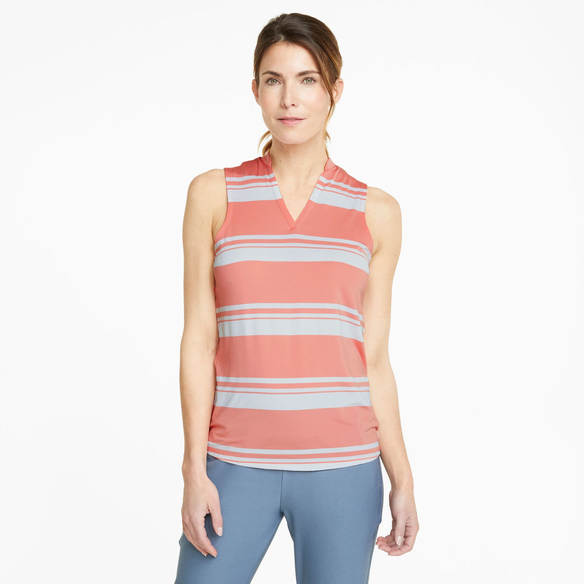PUMA WOMENS CLOUDSPUN VALLEY STRIPE SLEEVELESS GOLF POLO